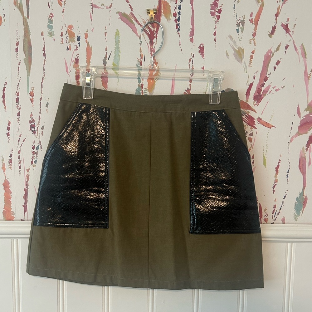 Green Mini Skirt with Black Faux-Leather Pockets